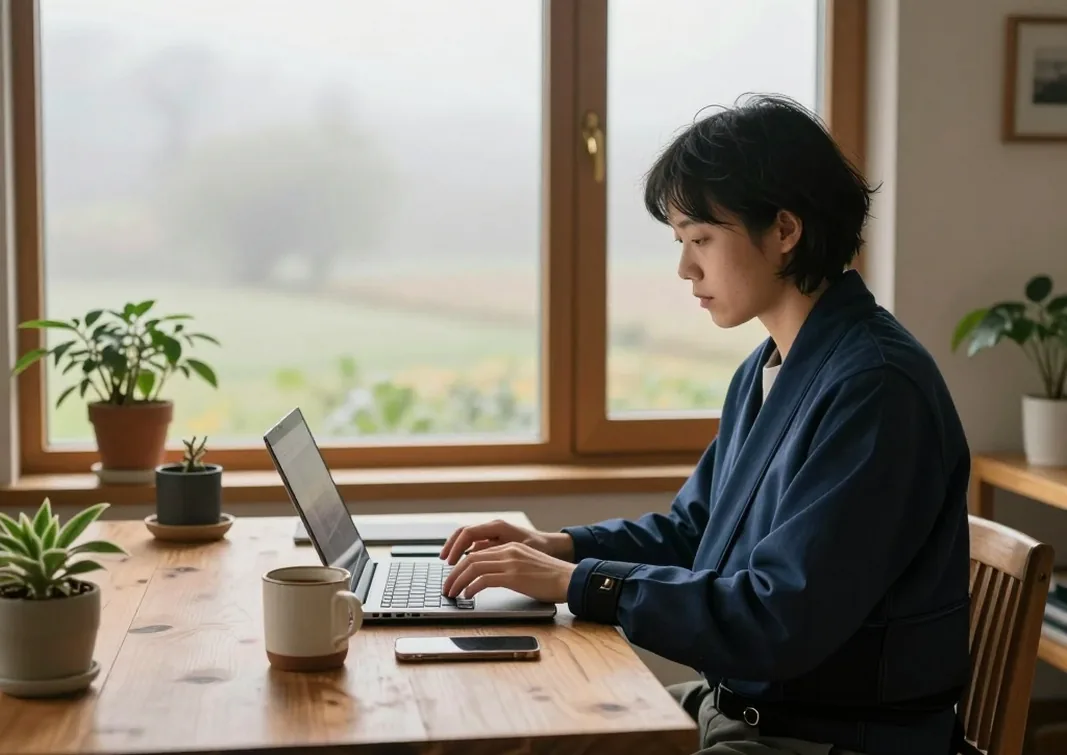 Remote worker at a wooden home office desk in a countryside house wearing a navy weighted shoulder wrap